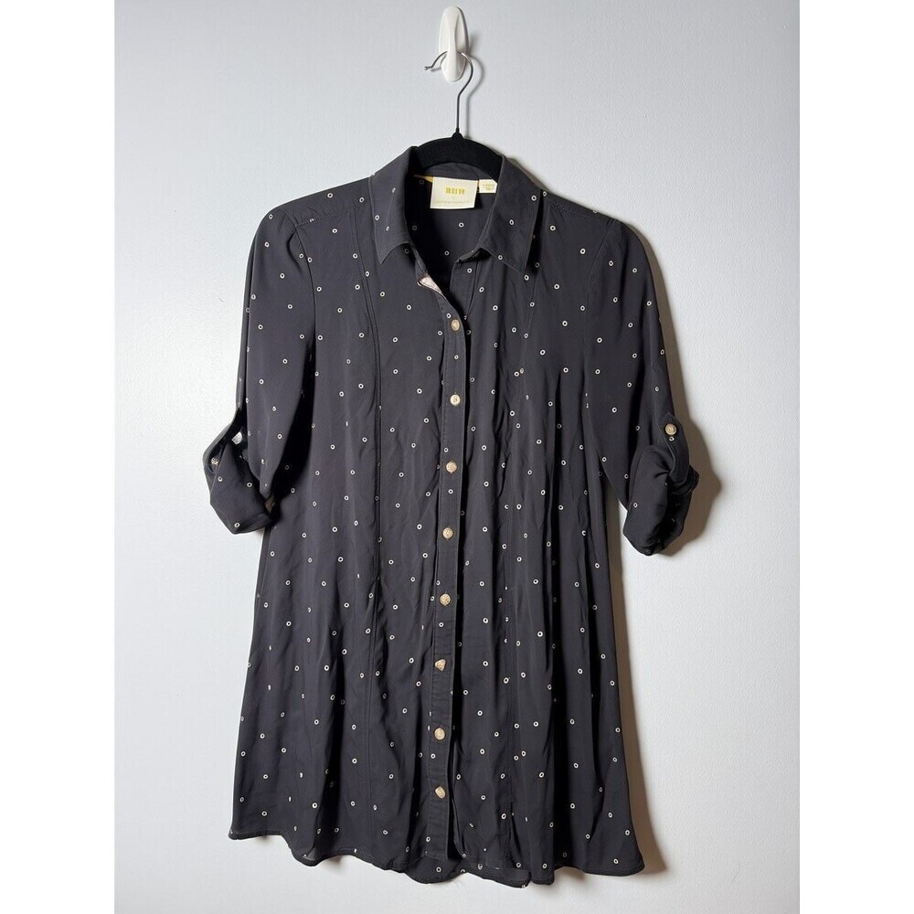 Maeve by Anthropologie Navy Tunic Button Up Tab Sleeve White Circles Womens XS